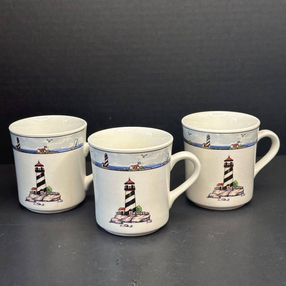 TOTALLY TODAY Coastal Lighthouse Mug/Cup Sailboat set of 3, Discontinued